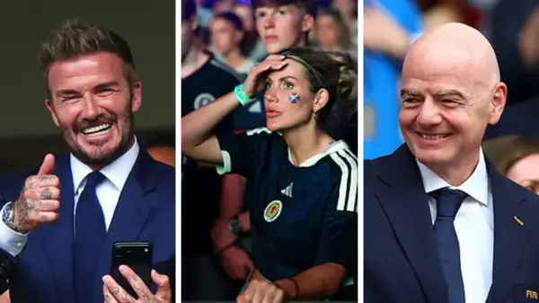 Una imagen compuesta de David Beckham, un aficionado escocés, y el presidente de la FIFA, Gianni Infantino.