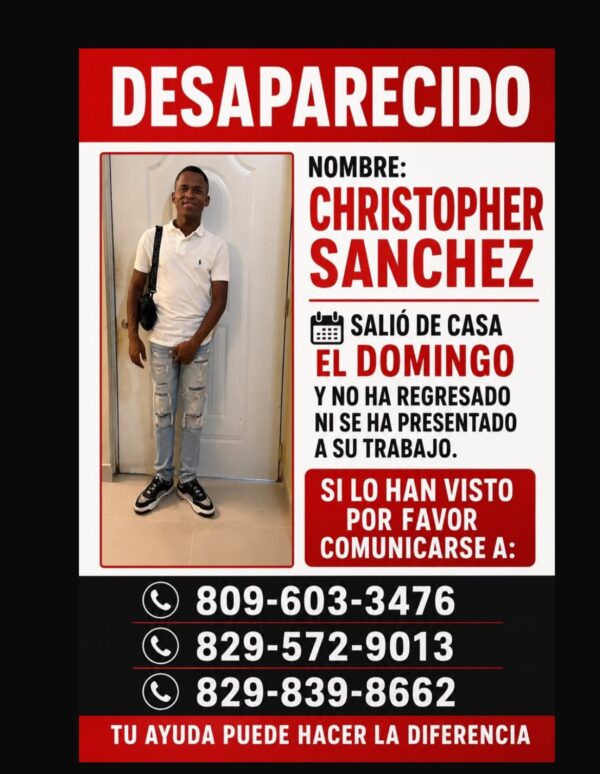 Christopher Sánchez de 21 años, se encuentra desaparecido desde el domingo.