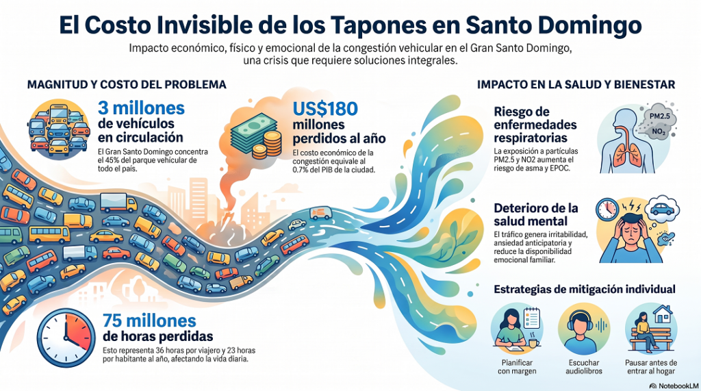 Tapones afectan la salud física y mental de miles de conductores en Santo Domingo
