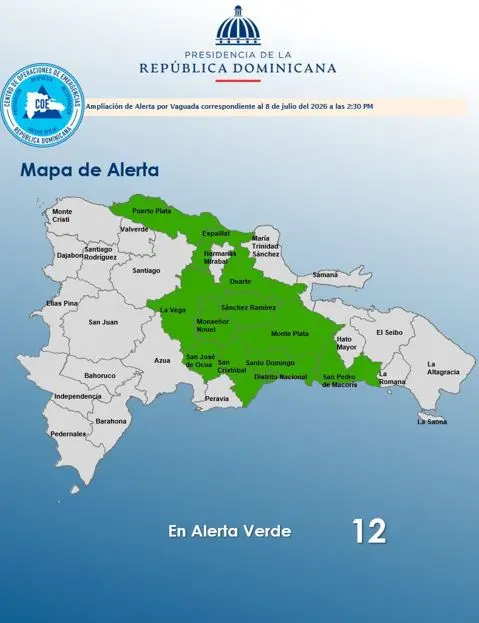 COE eleva a 12 las provincias y  en alerta verde por intensas lluvias