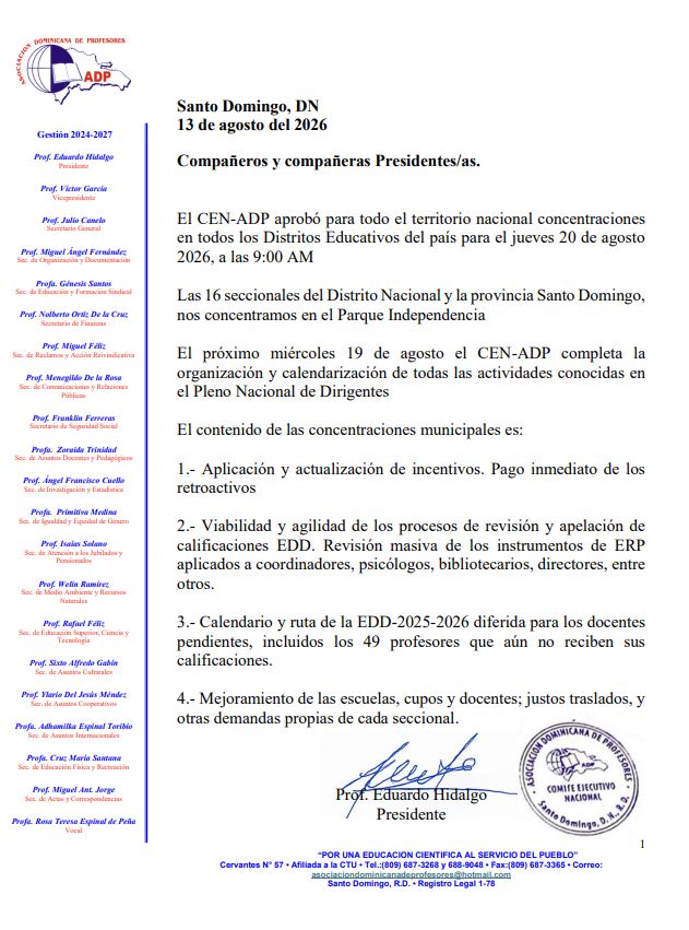 ADP convoca a concentraciones nacionales el 20 de agosto en demanda de mejoras laborales y educativas