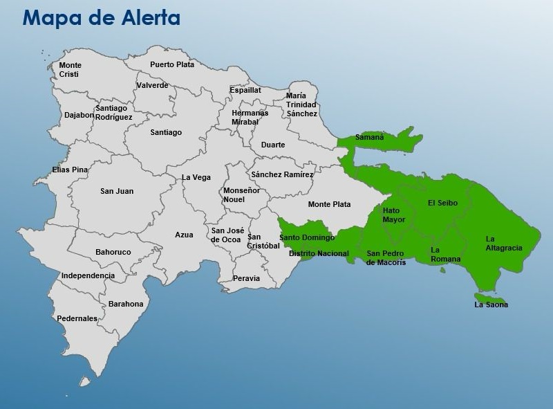 Mapa con las provincias en alerta verde, emitido por el COE.
