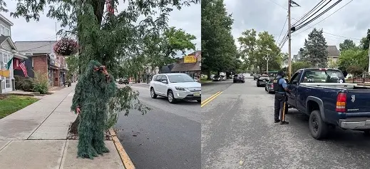 Policía en New Jersey con traje de arbusto de hojas falsas.jpg.