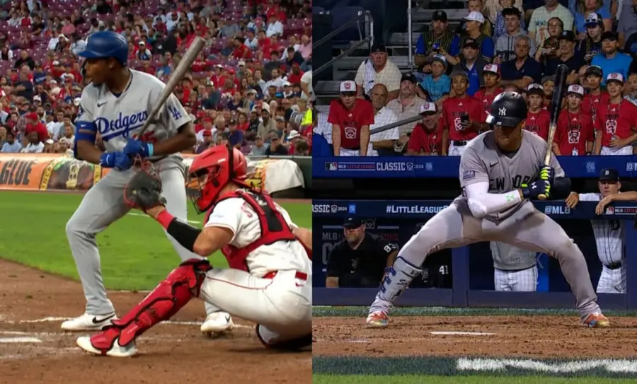 Juan Soto, derecha y el prospecto Josué De  Paula, a la izquierda, cuyo parecido estilo de bateo ha impresionado a todos.  AP