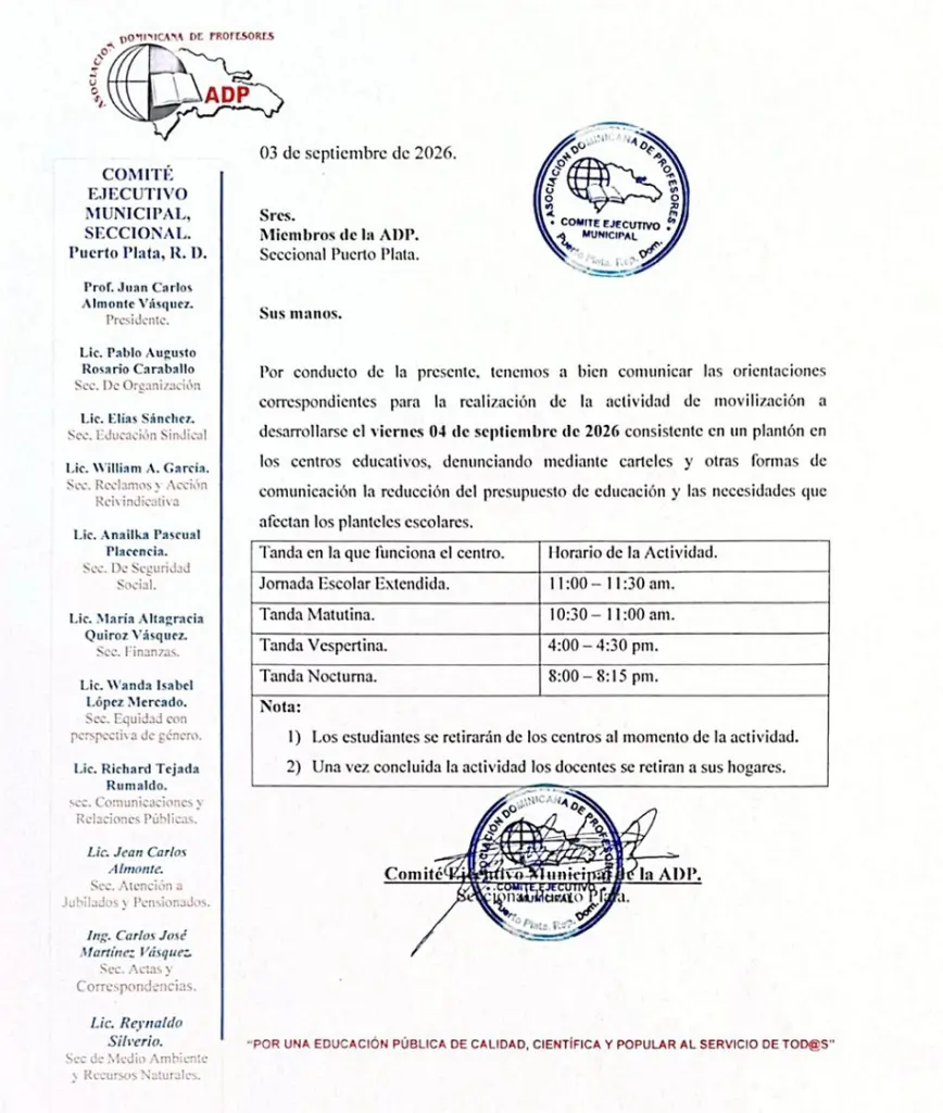 ADP realizó “plantón” en centros educativos de Puerto Plata y troncha horario de clases