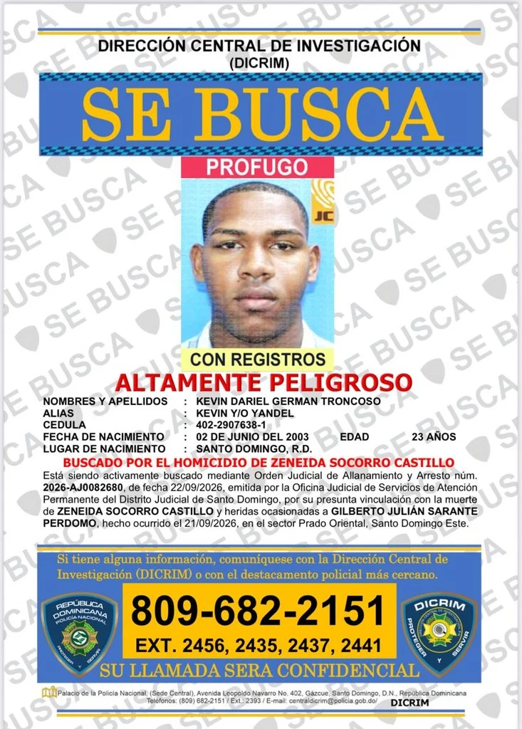 Ficha policial de Kevin Germán Troncoso. implicado en muerte de esposa de Julián Oro Duro. 