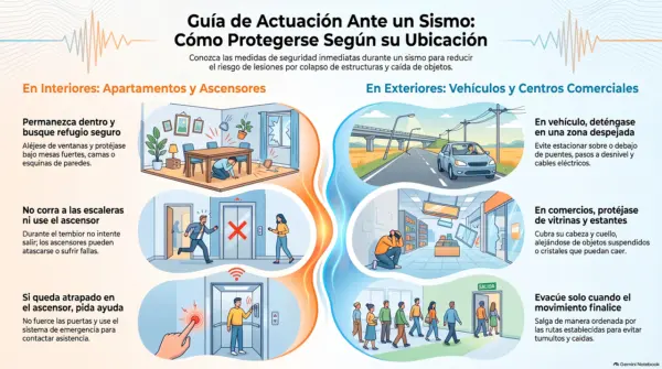 Guía de actuación ante sismos: cómo protegerse cuando tiembla la tierra según su ubicación. Infografía realizada con IA.