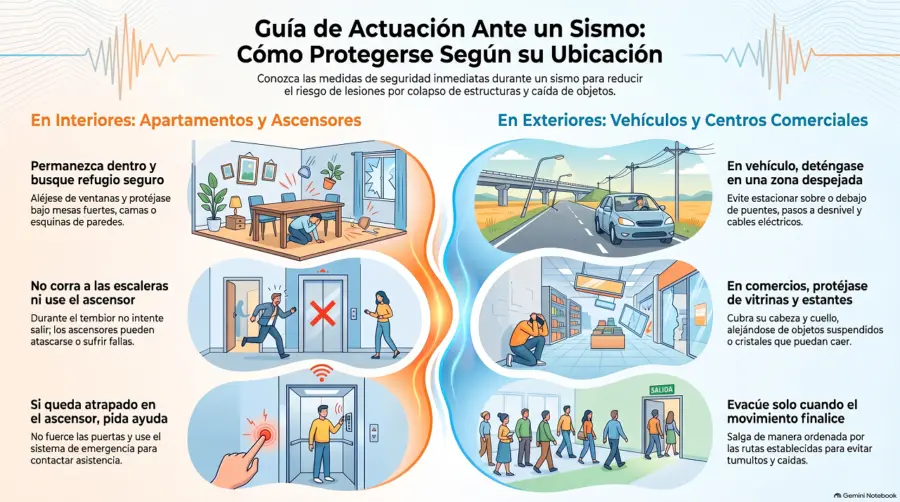 Guía de actuación ante sismos: cómo protegerse cuando tiembla la tierra según su ubicación. Infografía realizada con IA.
