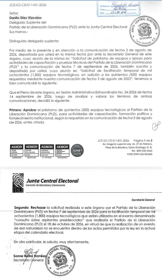 JCE rechaza prestarle equipos al PLD para su consulta por considerar fuera de las normas legales