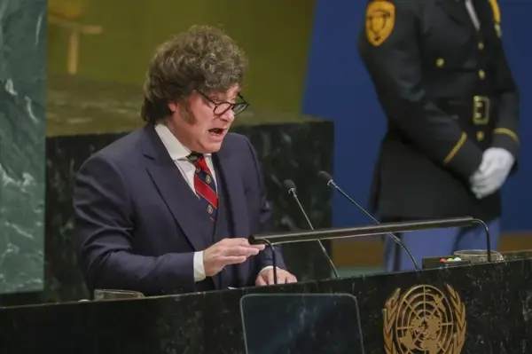 El presidente de Argentina, Javier Milei, habla ante la Asamblea General de la ONU, este 23 de septiembre de 2026, en Nueva York (EE.UU.). EFE/Sarah Yenesel