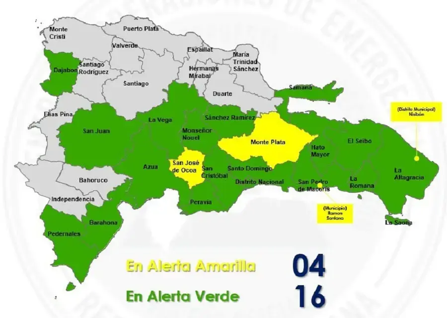 COE coloca cuatro provincias en alerta amarilla y 16 demarcaciones en verde por vaguada/Fuente externa