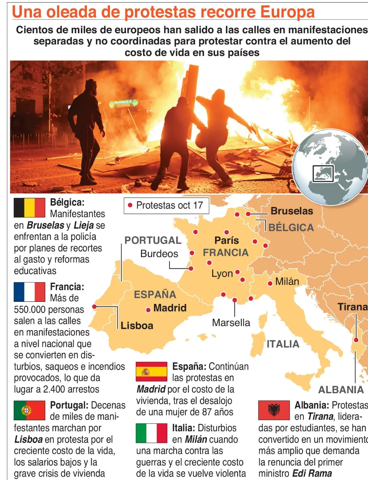 Francia aplicará toques de queda en ciudades por las protestas violentas