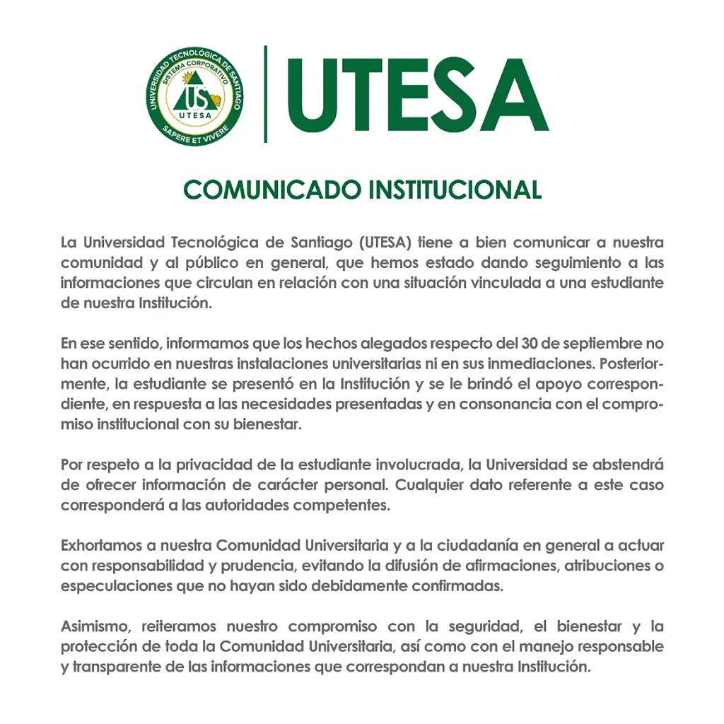 Universidad UTESA niega que presunto abuso sexual contra estudiante haya ocurrido en sus instalaciones