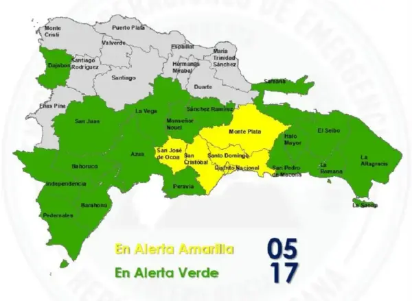 COE coloca cuatro provincias y el Distrito Nacional en alerta amarilla por incidencia de vaguada/Fuente externa
