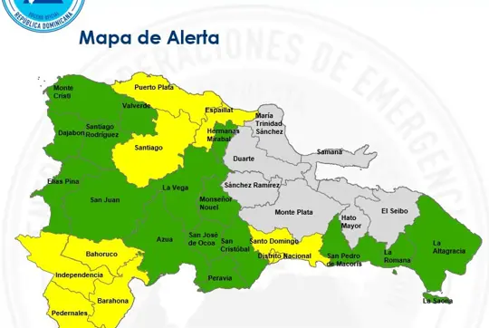 COE amplía a ocho las provincias y el Distrito Nacional en alerta amarilla y mantiene otras 16 en verde