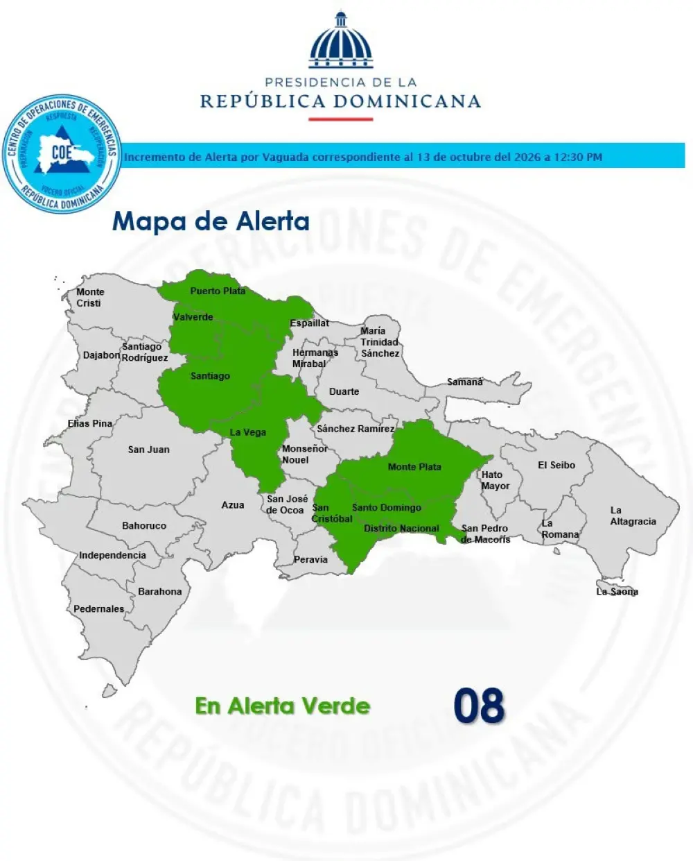 COE eleva a 8 las provincias en alerta verde por vaguada