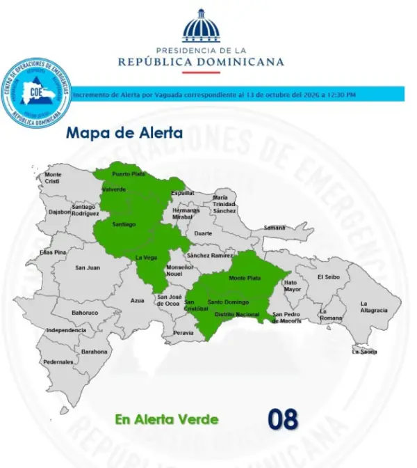 COE coloca en alerta verde siete provincias y el Distrito Nacional por fuertes aguaceros