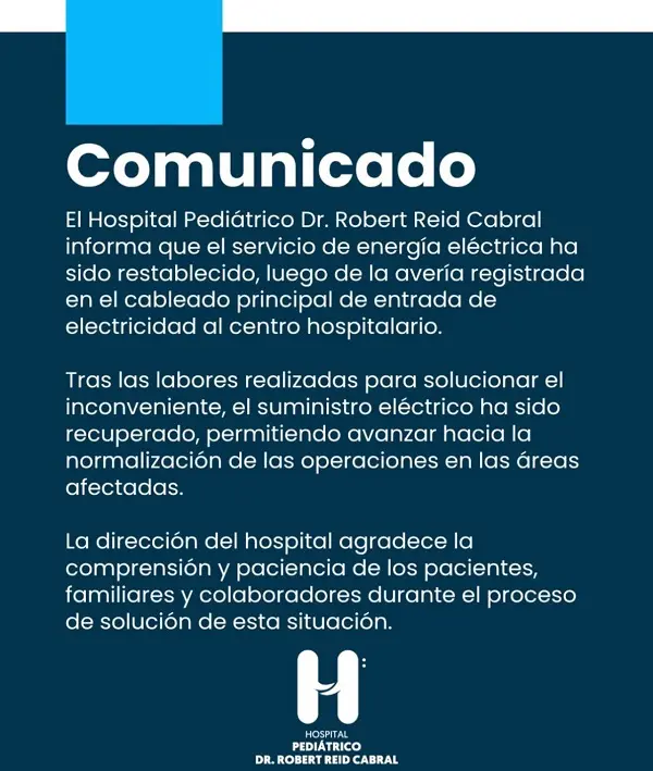 Hospital Robert Reid Cabral restablece servicio eléctrico tras avería en cableado principal