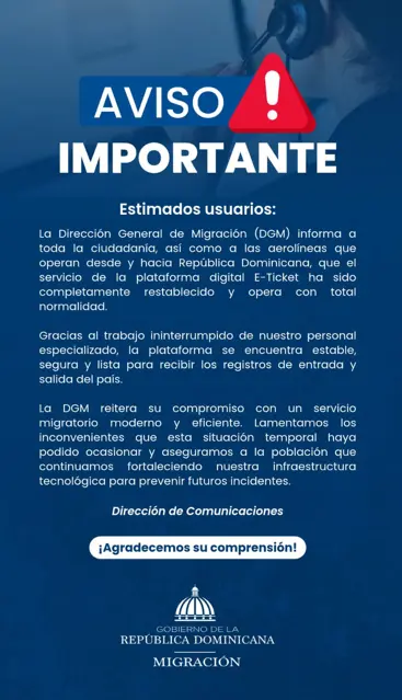 Comunicado de la Dirección General de Migración (DGM) sobre el E-Ticket. Fuente externa.