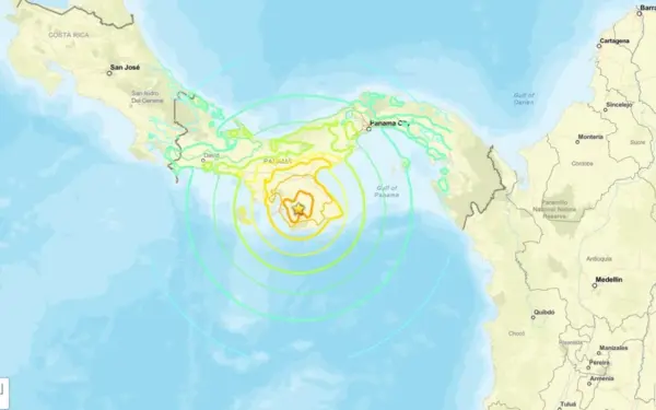 Imagen difundida por el Servicio Geológico de Estados Unidos (USGS) del epicentro de un terremoto de 7,7 de magnitud que sacudió este viernes el sureste de Panamá. EFE/ USGS