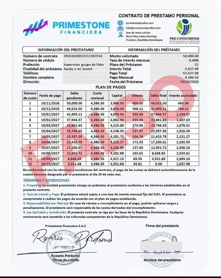 Pro Consumidor alertó que la supuesta entidad “PRIMESTONE FINANCIERA” no está autorizada.