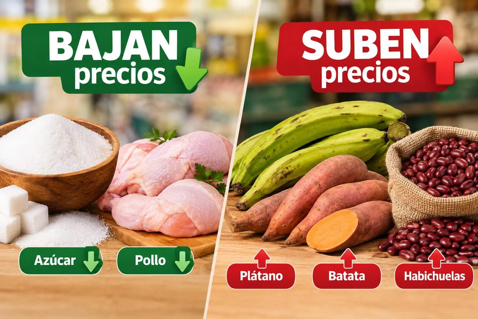Bajan precios del azúcar y el pollo, pero suben plátano, batata y habichuelas