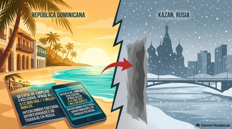 De acuerdo con los familiares, las ofertas de trabajo para Rusia prometían un salarios de hasta 12,000 dólares mensuales. Imagen elaborada con IA.