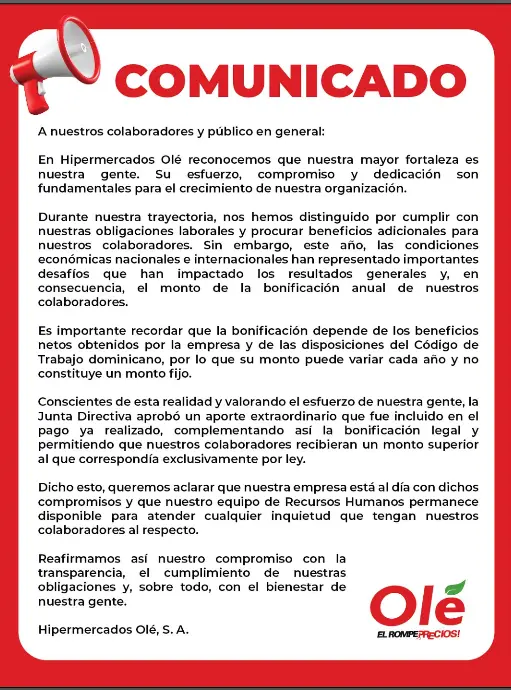 Hipermercados Olé asegura que pagó bonificación por encima de lo establecido por ley